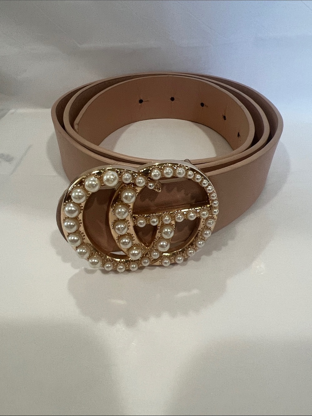 Pearl-Embellished Nude Leather Belt - Women's Accessory
